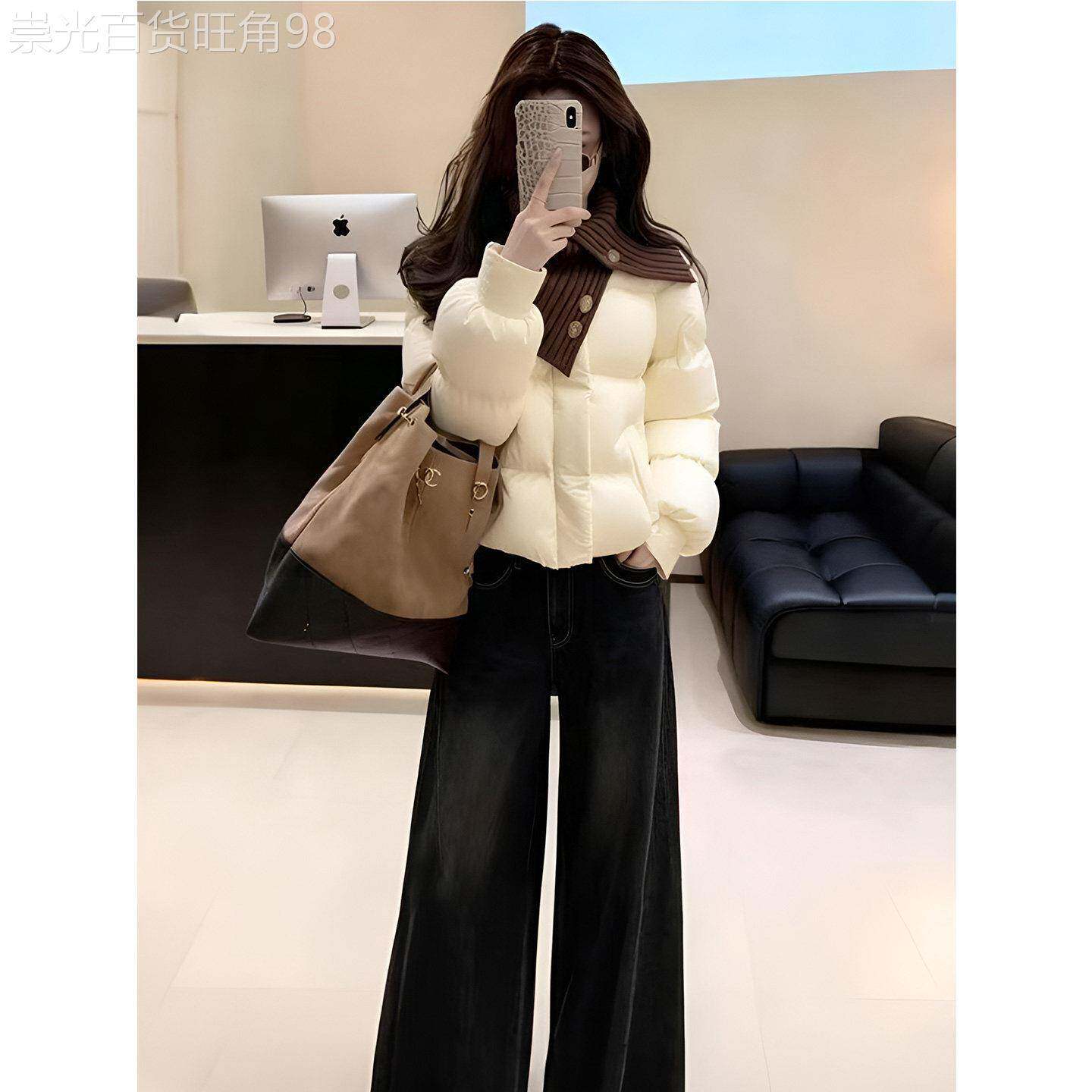 白色立领铺棉外套女冬季洋派面包服搭超好看的显瘦百搭阔腿牛仔裤