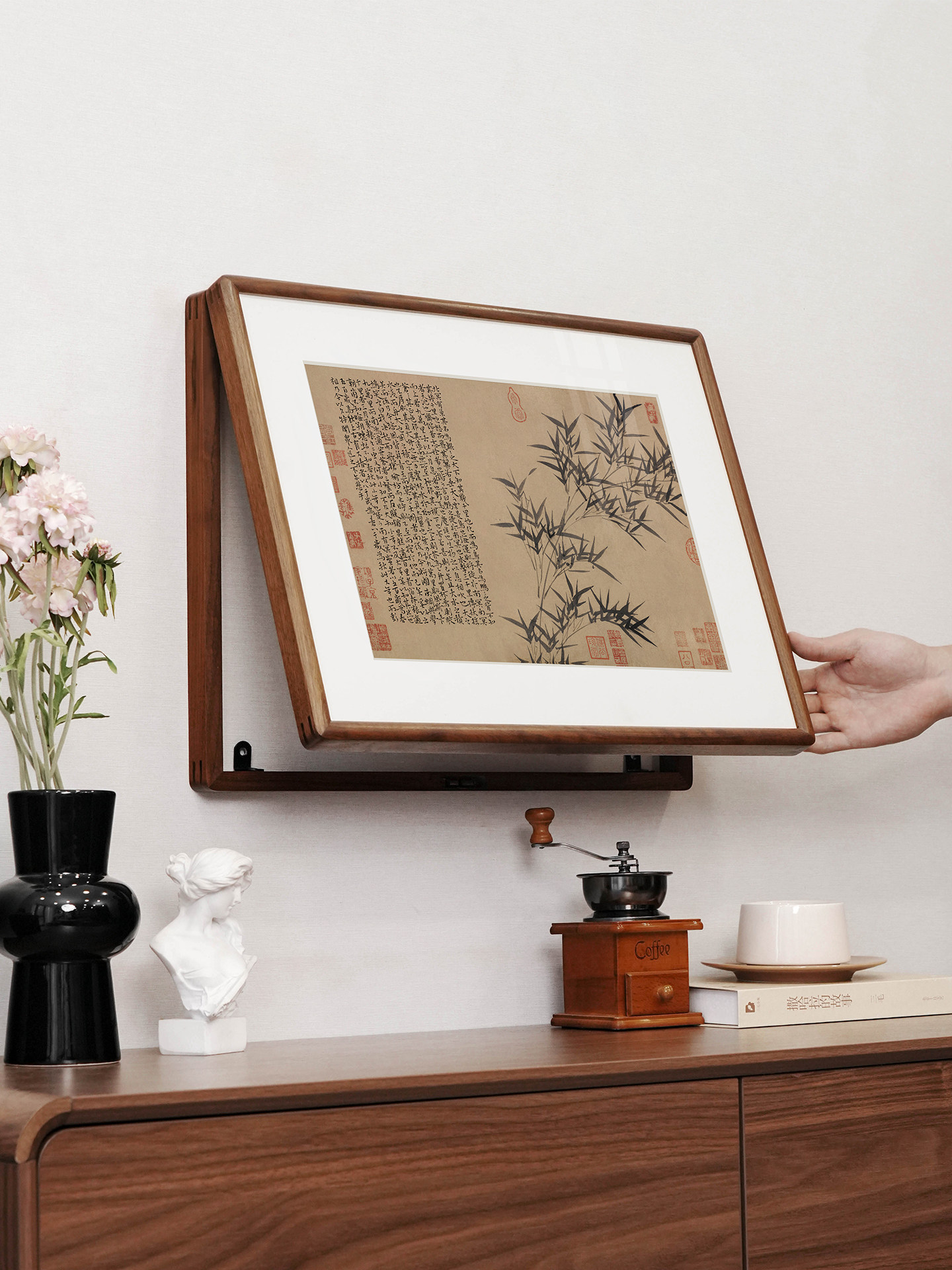 宋代美学覆古竹实木米盒装饰画中国风北美黑胡桃弱电盒挡挂画