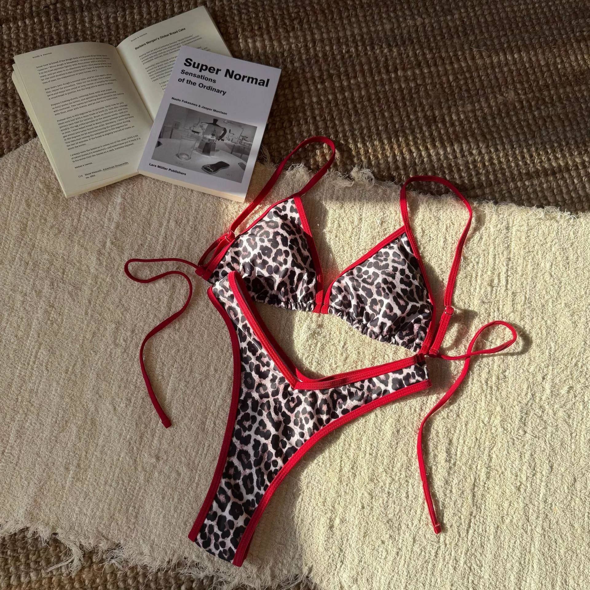 豹纹印花三点式比基尼欧美性感火辣分体泳衣沙滩显瘦泳装bikini