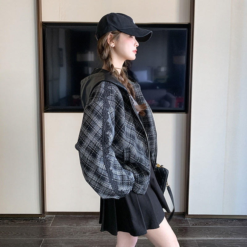 2025秋季新款韩系复古格子连帽短外套女时尚宽松显瘦百搭简约外套,女装短外套,浙宝222（原006）