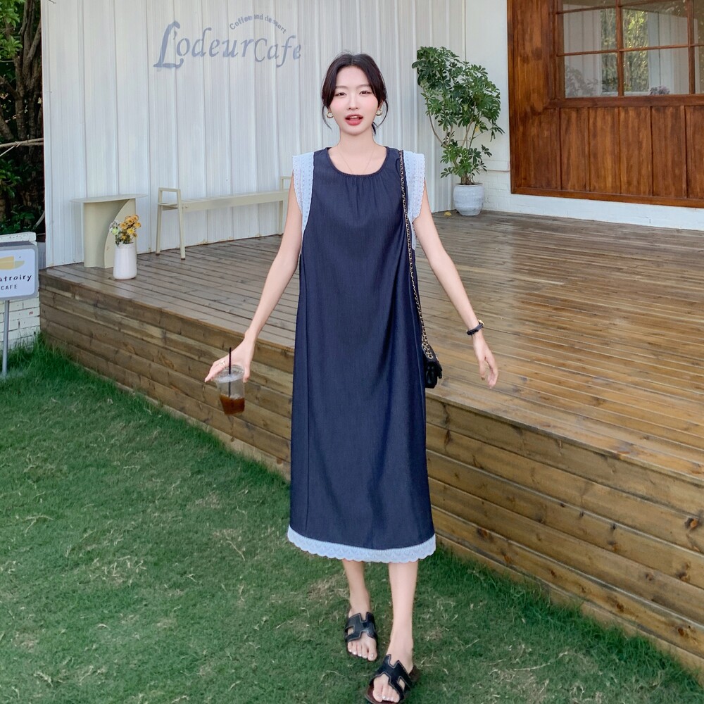 深蓝色蕾丝拼接无袖牛仔连衣裙女夏设计感小众背心裙别致独特流行,女装连衣裙,浙宝222（原006）