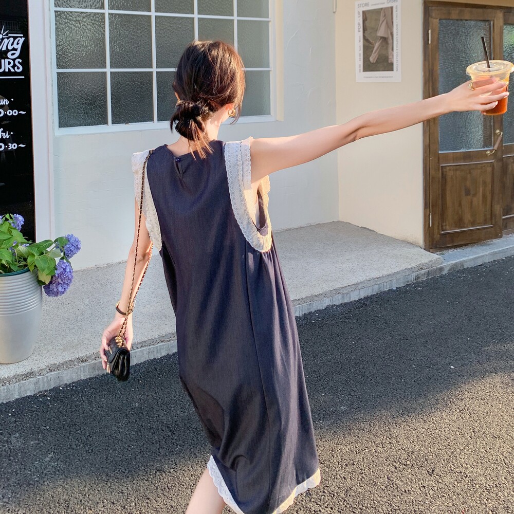 深蓝色蕾丝拼接无袖牛仔连衣裙女夏设计感小众背心裙别致独特流行,女装连衣裙,浙宝222（原006）