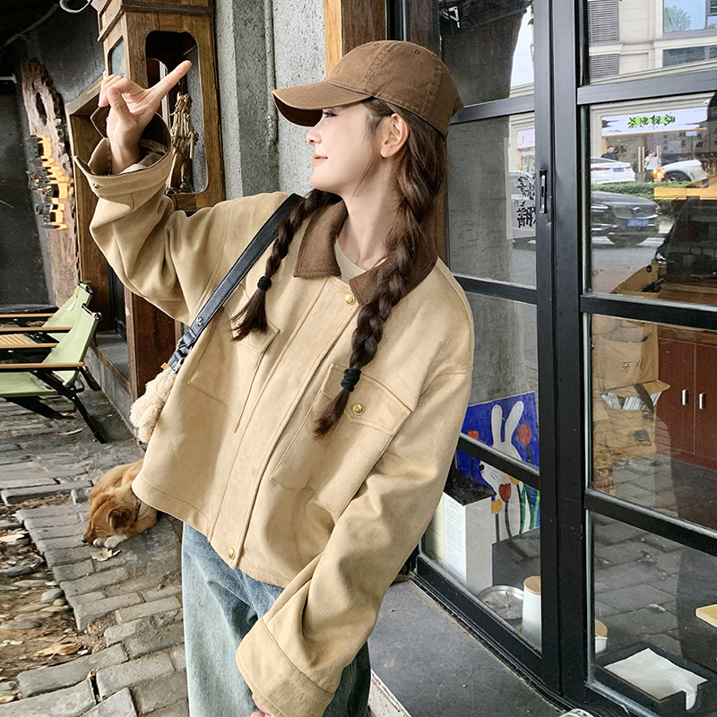 卡其色麂皮绒短款外套女春季2025新款小个子学院风减龄复古夹克,女装短外套,浙宝222（原006）