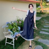 深蓝色蕾丝拼接无袖牛仔连衣裙女夏设计感小众背心裙别致独特流行，女装连衣裙，浙宝222（原006）