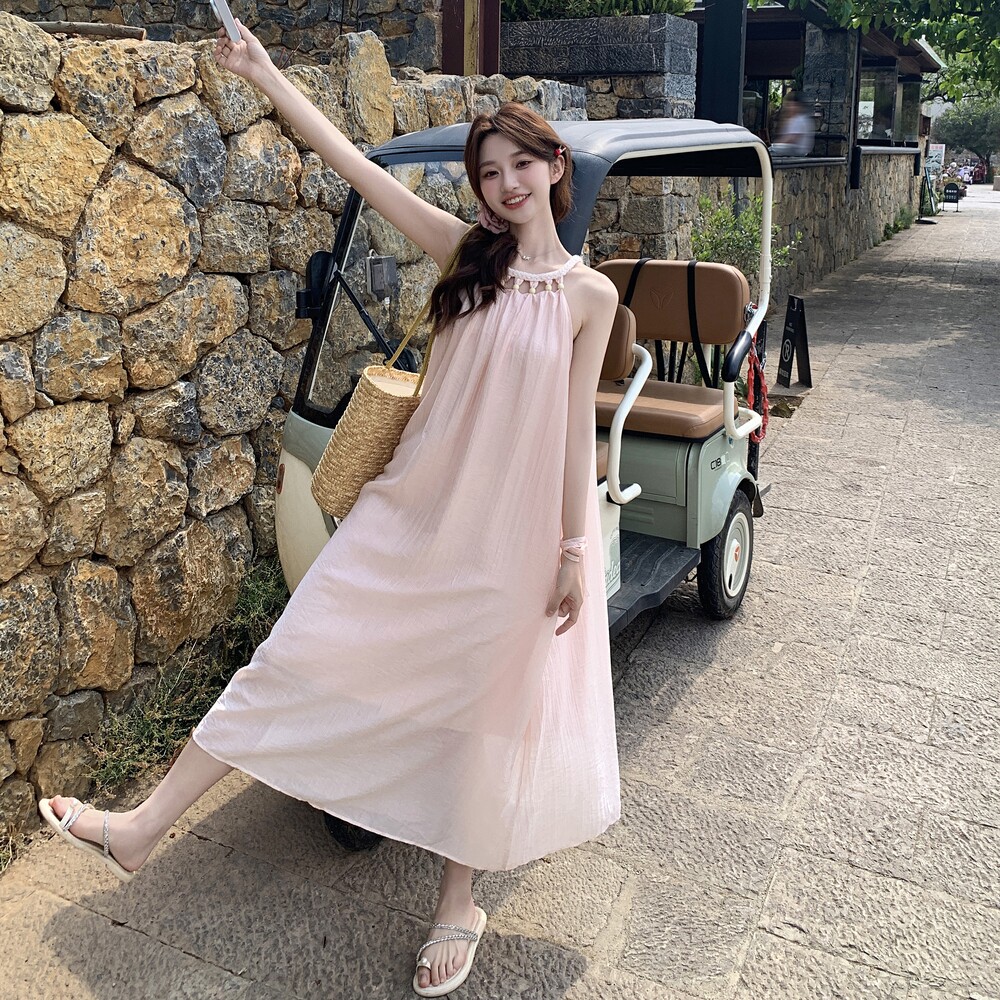 温柔编织装饰镂空挂脖连衣裙女2025夏季新款浪漫度假风收腰长裙潮,女装连衣裙,浙宝222（原006）