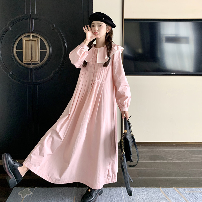 粉色娃娃领拼接收腰连衣裙女春2025新款韩系小个子减龄学院风长裙,女装连衣裙,浙宝222（原006）