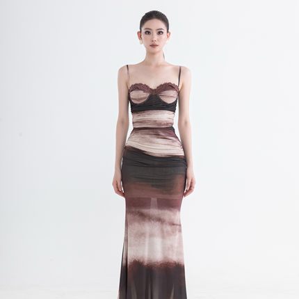 ELEGANT LORAN蕾丝网纱鱼骨吊带连衣长裙宴会礼服修身度假鱼尾裙