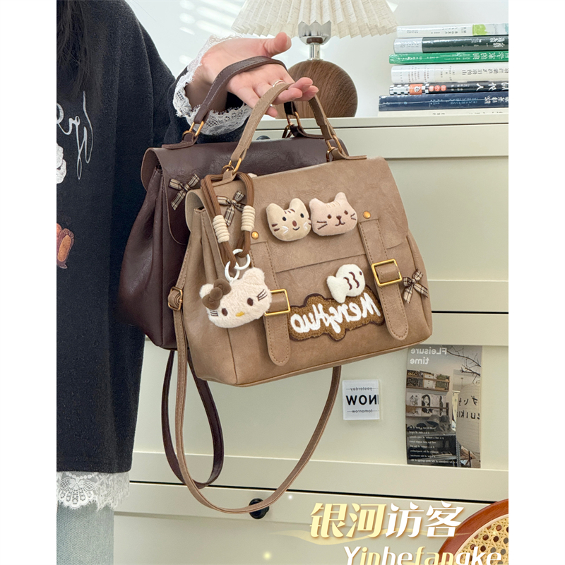 可爱复古学院pu双肩包女日系Y2K猫咪手提背包小众穿搭逛街斜挎包