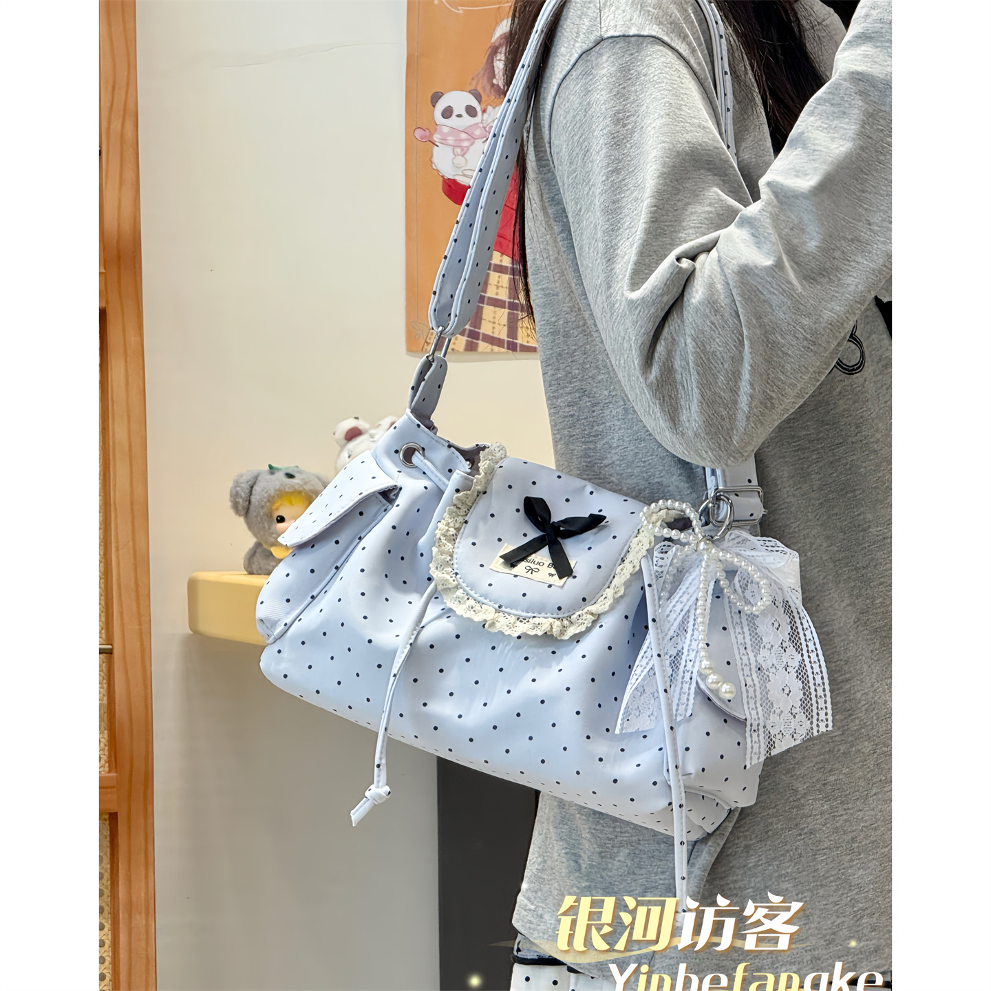韩系可爱波点少女包包新款百搭花边蕾丝单肩托特包休闲翻盖斜挎包