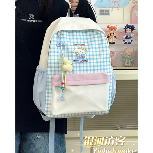 可爱高颜值学院书包日系初中女生高中生休闲格子双肩包旅行背包女