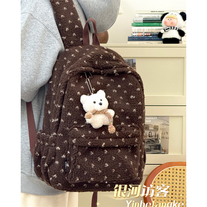 复古棕色毛绒波点书包初中生高中学生百搭上课双肩包秋冬旅行背包