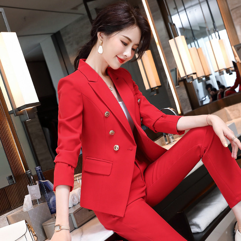 职业装气质女神范外贸西服套装女主持前台经理白色双排扣时尚西装