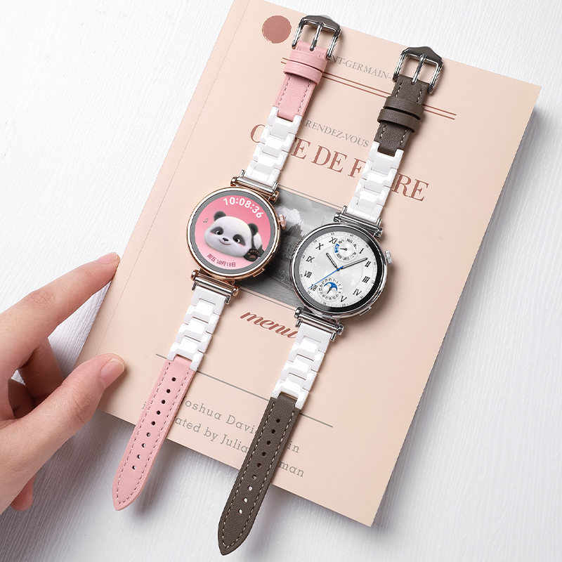 适用于vivowatch5表带月光白智能手表陶瓷拼接皮质腕带iqoowatch5辰夜黑ins风女款时尚百搭五代精钢版手表链