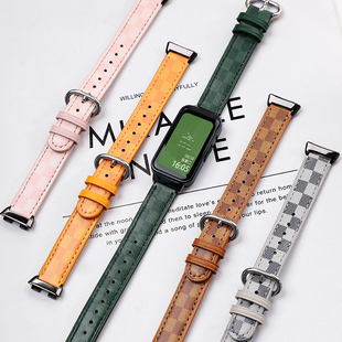 适用华为手环10/9/8表带band9标准版真皮休闲腕带KIM-B19智能运动手环替换带10NFC版时尚ins格纹皮带防水配件