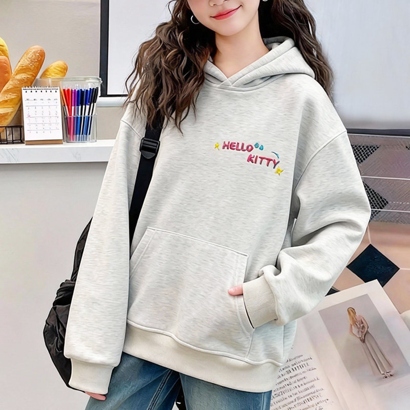 中大童韩版连帽卫衣薄款春秋新款女童卡通印花加绒加厚上衣外套