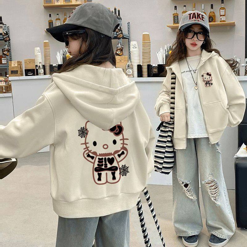 女童连帽开衫外套2026新款春秋薄款中大童卡通宽松洋气加绒卫衣