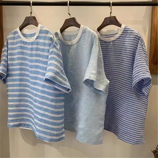 t恤女夏季 韩系撞色条纹亚麻短袖 宽松慵懒风休闲百搭减龄圆领上衣