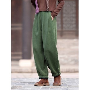 棉麻裤子女秋冬季新款苎麻灯笼裤小个子加绒加厚萝卜裤女保暖棉裤