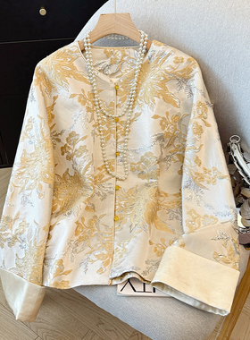 新中式对襟盘扣提花缎面外套女秋季新款气质百搭外穿唐装开衫上衣