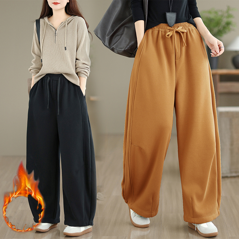 加绒加厚保暖桔黄色弯刀阔腿裤女冬装高腰宽松显瘦松弛百搭休闲裤