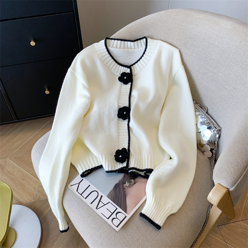 小香风立体花朵针织衫外套女秋冬甜美减龄保暖开衫毛衣漂亮小上衣