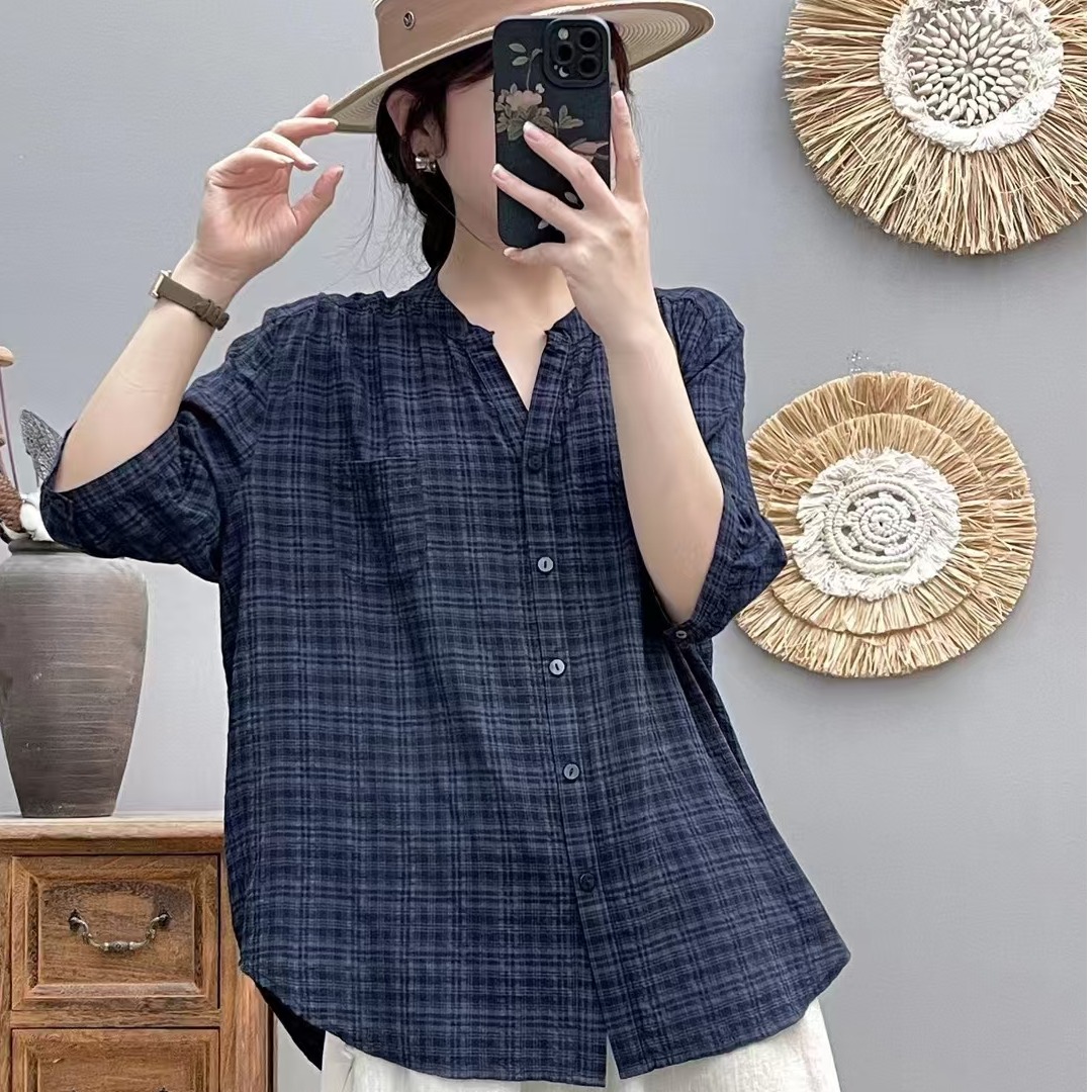文艺格子半开领棉麻衬衫女士夏季薄款宽松慵懒风复古苎麻中袖上衣