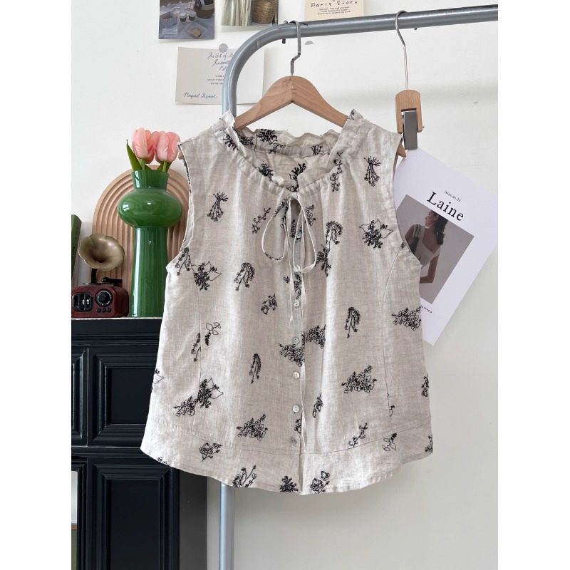 复古木耳边亚麻碎花背心衬衫女士夏季年轻款减龄棉麻小衫无袖上衣