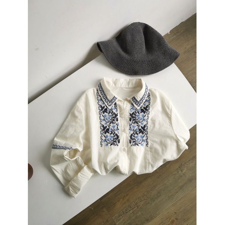 刺绣白色衬衫女 好看百搭！气质民族风宽松休闲纯棉门襟绣花衬衣