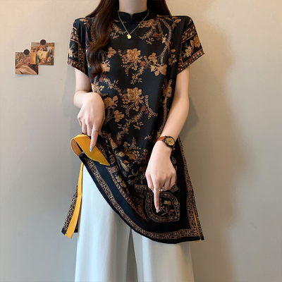 新中式气质改良旗袍衬衫女夏季中长款不撞款上衣国风印花短袖小衫