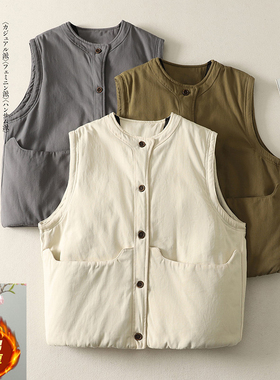 复古圆领夹棉保暖棉服无袖马甲女冬季松紧下摆宽松百搭马夹外套潮