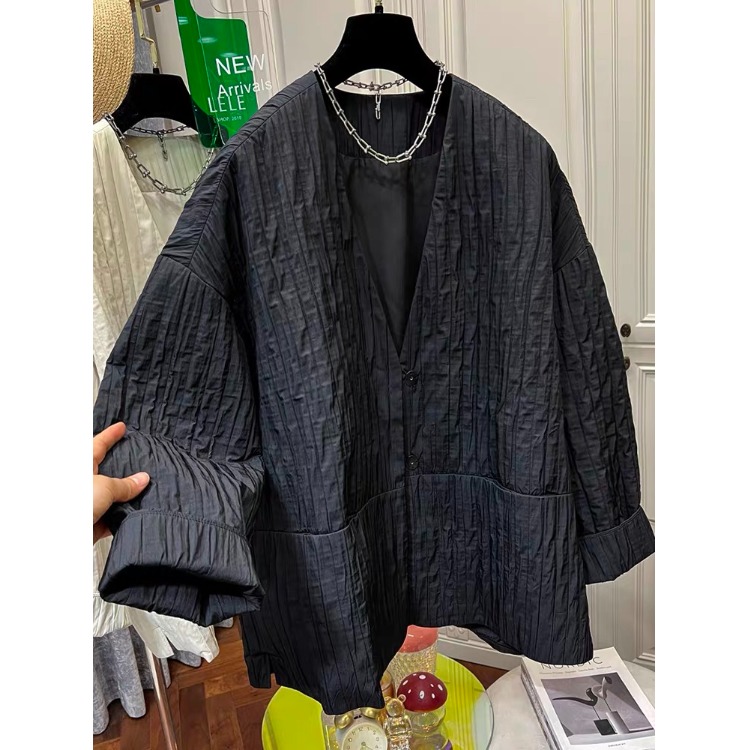老钱风设计压褶黑色西装外套女秋冬大码胖mm休闲宽松遮肉开衫西服