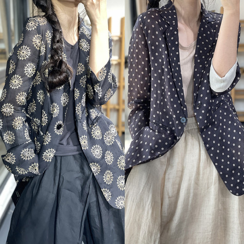 撤柜奥特莱斯清仓捡漏复古印花休闲麻料薄款西装外套女小西服上衣