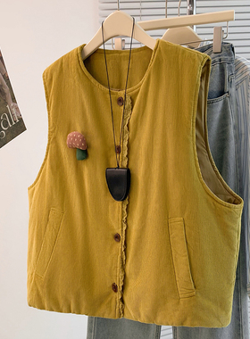 复古木耳花边灯芯绒马甲外套女秋冬外搭保暖无袖棉服背心坎肩上衣