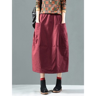 高级感复古红夹棉保暖半身裙女冬季高腰宽松显瘦百搭中长款a字裙