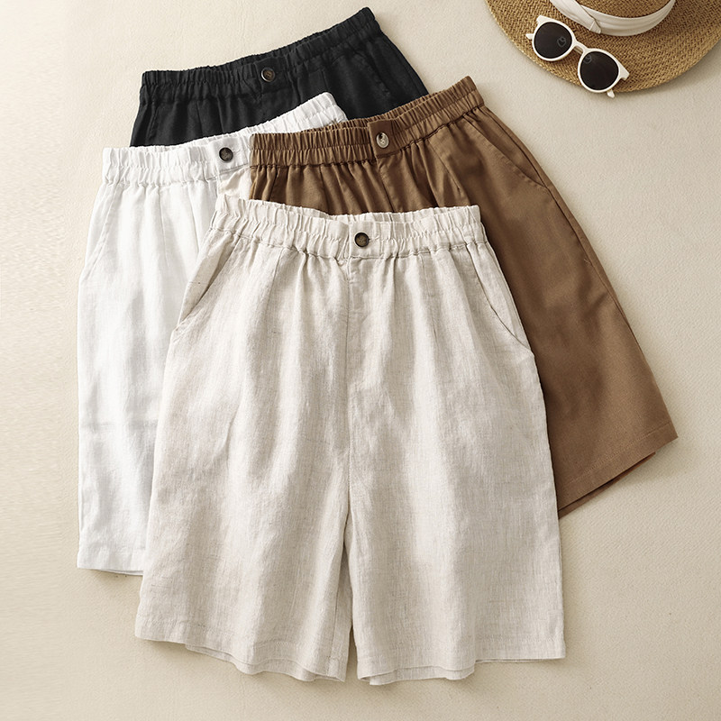 日系亚麻短裤女夏季新款文艺大码薄款棉麻中裤通勤百搭五分阔腿裤