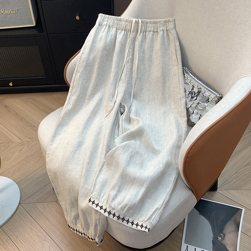 新中式刺绣亚麻阔腿裤女夏季大码遮肉哈伦裤宽松垂感九分灯笼裤潮