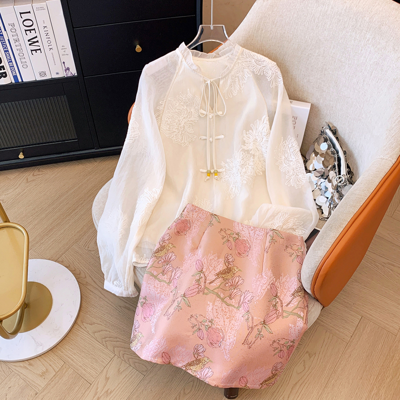 复古文艺夏季搭配一整套女装新中式国风禅意刺绣盘扣衬衫短裙套装