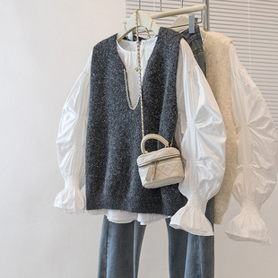 大码胖mm灰色亮片针织无袖马甲叠穿白色衬衫两件套女春秋时髦套装