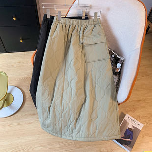 羽绒棉裙半身裙女冬季加棉保暖防风裙子中长款工装口袋开叉直筒裙