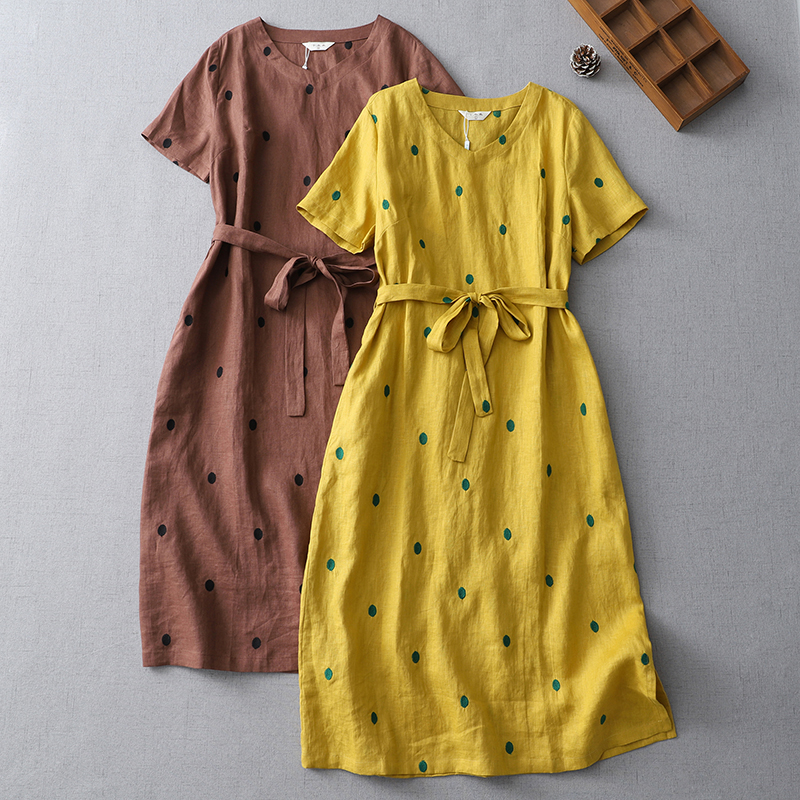 复古文艺苎麻拼色A字连衣裙女夏季设计感休闲百搭波点圆点大摆裙