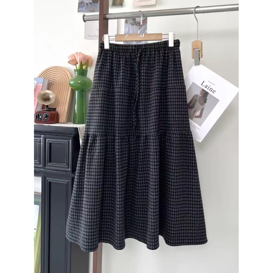 加厚格纹毛呢半身裙女秋冬抽绳松紧腰遮胯中长款休闲大摆a字伞裙