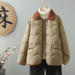 小香风条绒拼色翻领羽绒棉服外套女冬季高级感宽松加棉保暖棉衣潮