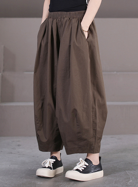 黑色休闲工装裤子女夏季胖mm薄款松紧腰哈伦裤宽松束脚香蕉灯笼裤