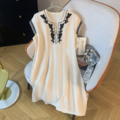 复古气质棉麻绣花盖袖 a字裙潮 宽松遮肉显瘦中长款 连衣裙夏季 新款