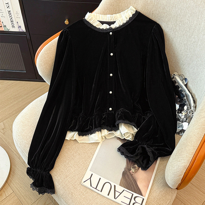 法式宫廷风蕾丝拼接丝绒长袖衬衫女秋冬木耳边显瘦珍珠扣开衫上衣
