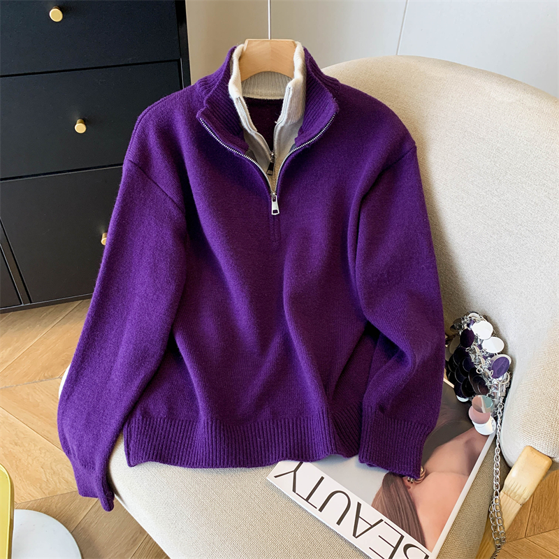 假两件深紫色半拉链加厚保暖毛衣女秋冬休闲时尚宽松针织套头上衣