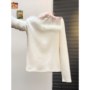 半高领蕾丝微透打底衫女秋冬设计感内搭长袖小衫气质毛毛拼接上衣