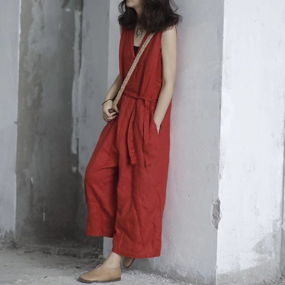 高级感亚麻连体裤女阔腿裤高腰2025夏新款宽松收腰显瘦气质连体衣