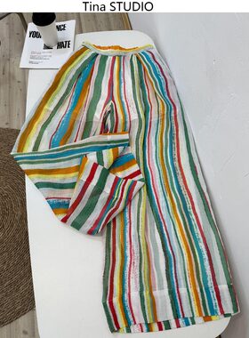 度假风彩色条纹苎麻阔腿裤女夏季薄款亚麻直筒裤宽松休闲棉麻长裤