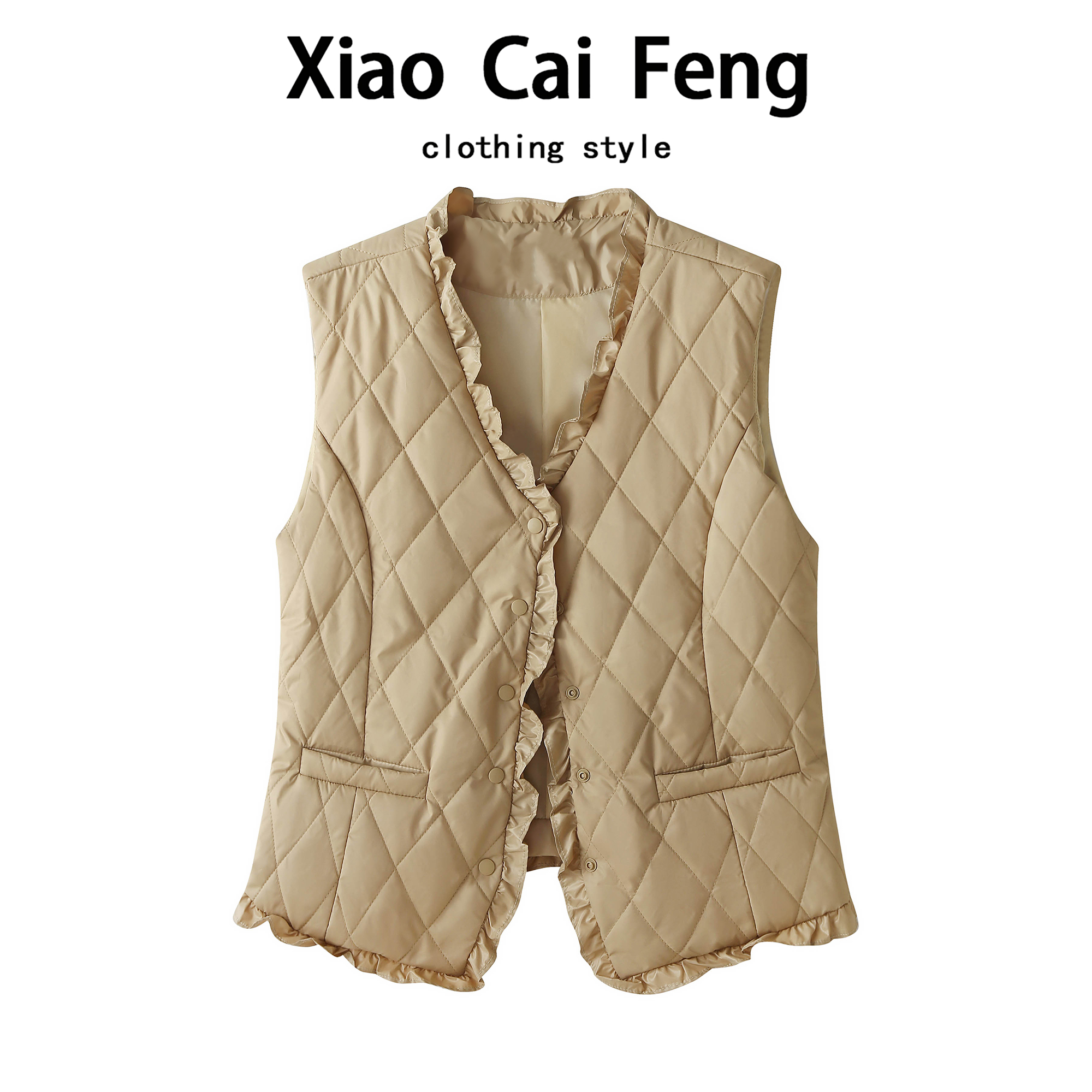 轻薄羽绒棉服马甲女秋冬反季短款V领木耳花边韩版马夹背心短外套